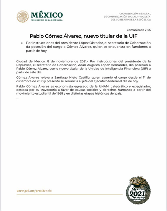 Santiago Nieto se va de la UIF Pablo Gómez entra en funciones El