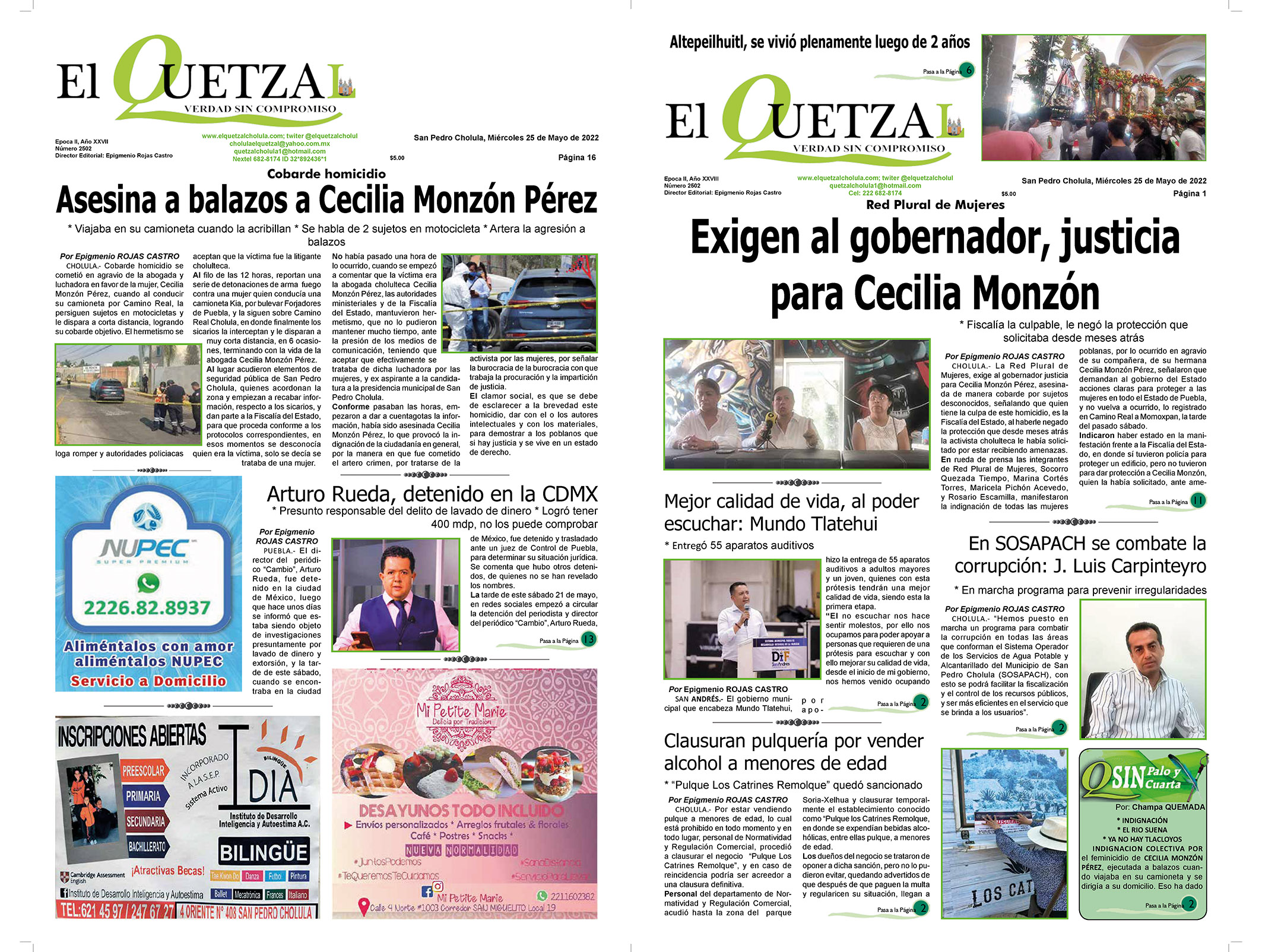 Nuestra Portada edición 2502 del 25 Mayo 2022 El Quetzal de Cholula