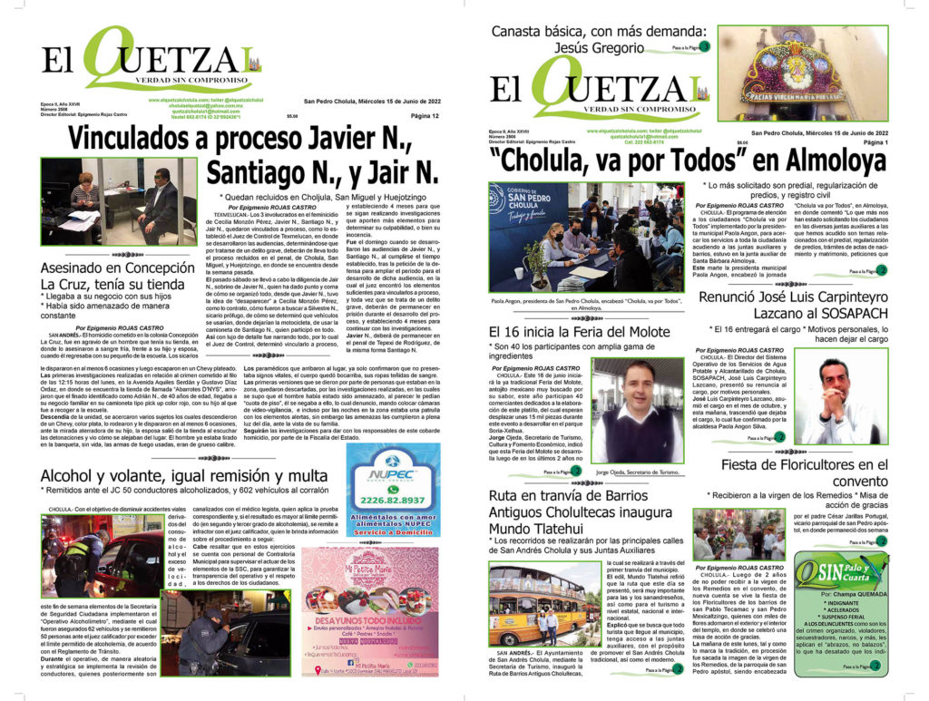 Nuestra Portada Edición 2508 del 15 Junio 2022 El Quetzal de Cholula