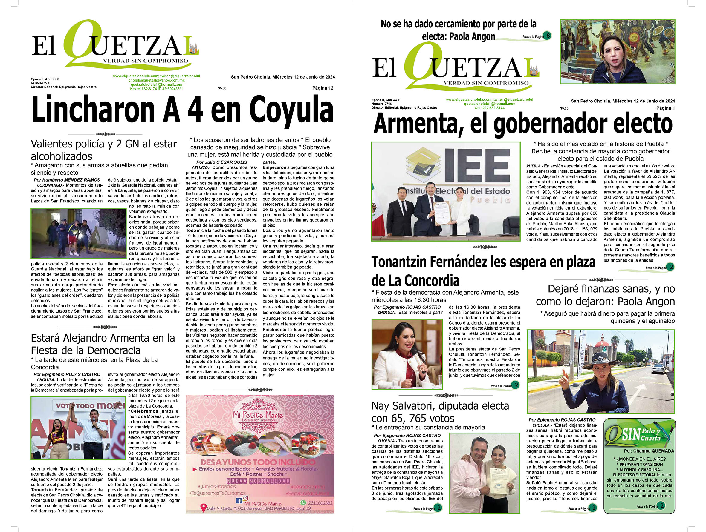 Nuestra Portada Edición 2716 12 Junio 2024 El Quetzal de Cholula