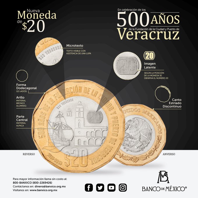 Banxico pone en circulación nueva moneda de 20 pesos