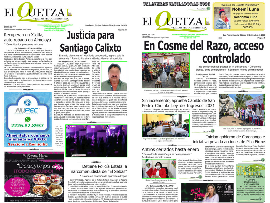Nuestra Portada, Edición 2339, del 31 de Octubre 2020.