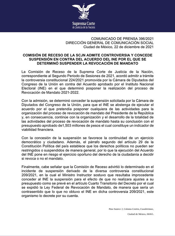 SCJN frena acuerdo del INE para posponer la Revocación de Mandato
