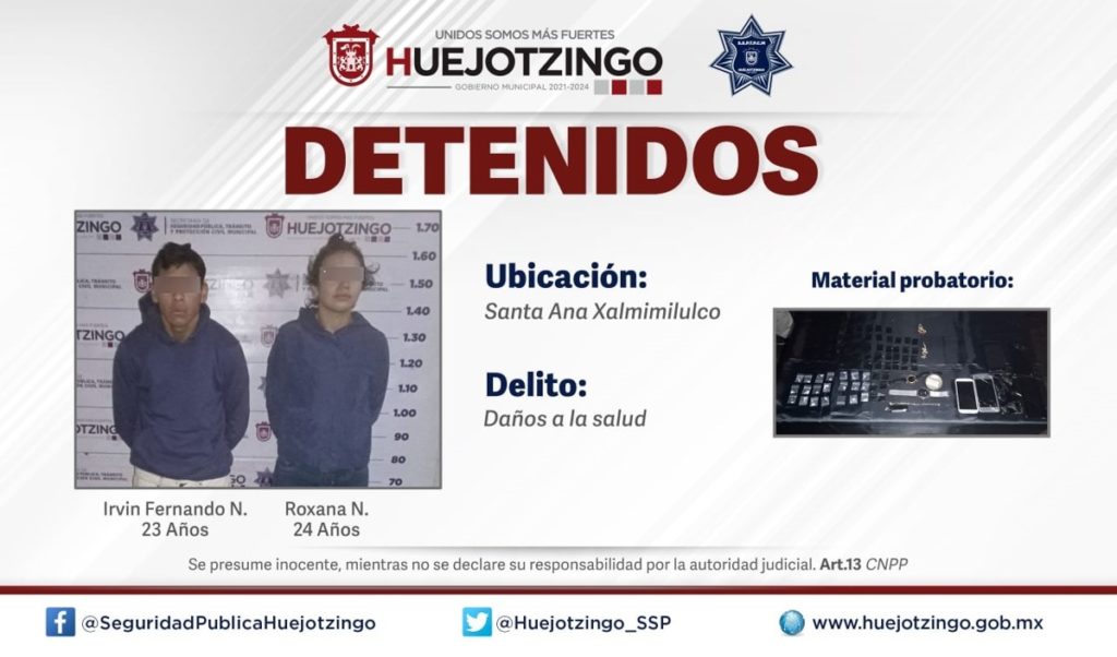 Policía municipal detiene a pareja por el probable delito de daños a la salud