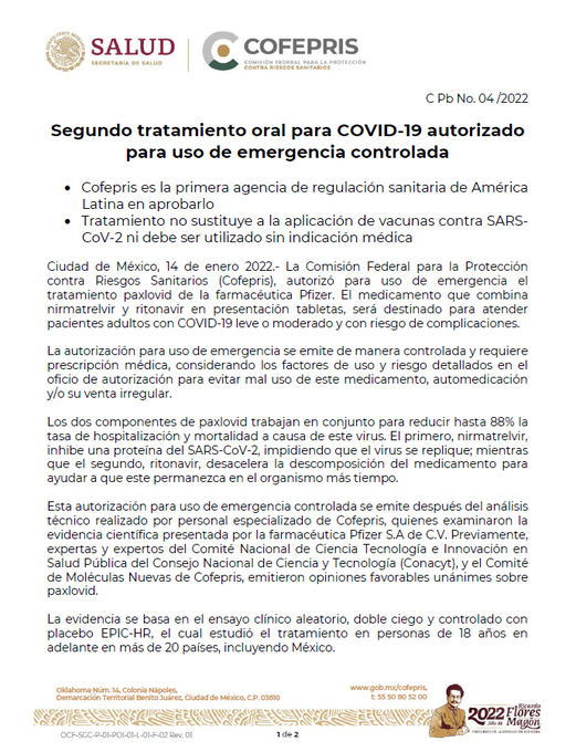 COFEPRIS autoriza el uso del medicamento Paxlovid para tratar la COVID-19