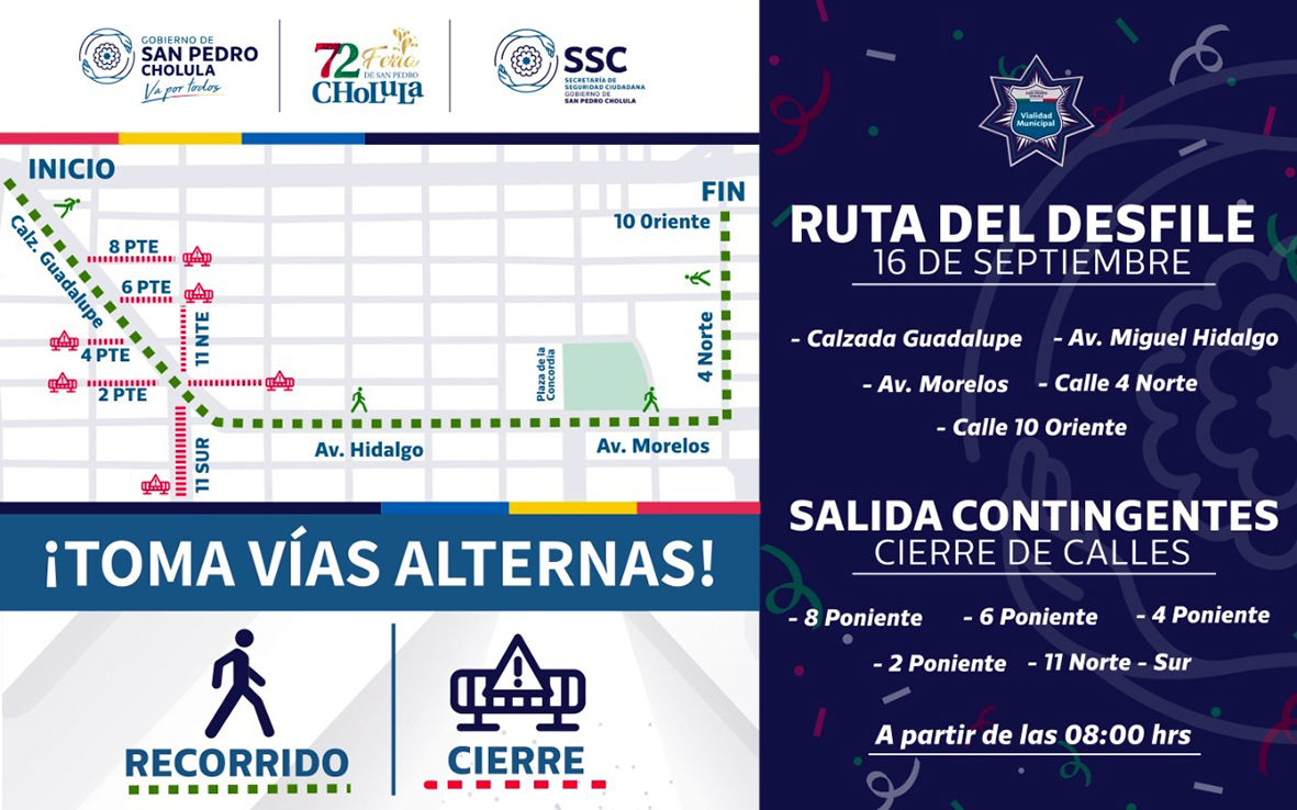 Ruta del Desfile del 16 de Septiembre en San Pedro Cholula El Quetzal