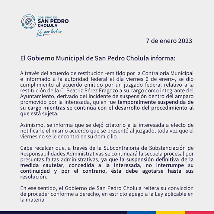 El Gobierno Municipal de San Pedro Cholula informa:
