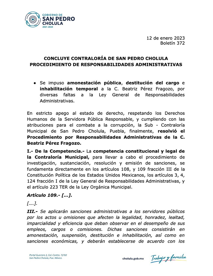Sanción a Beatriz Pérez Fragoso