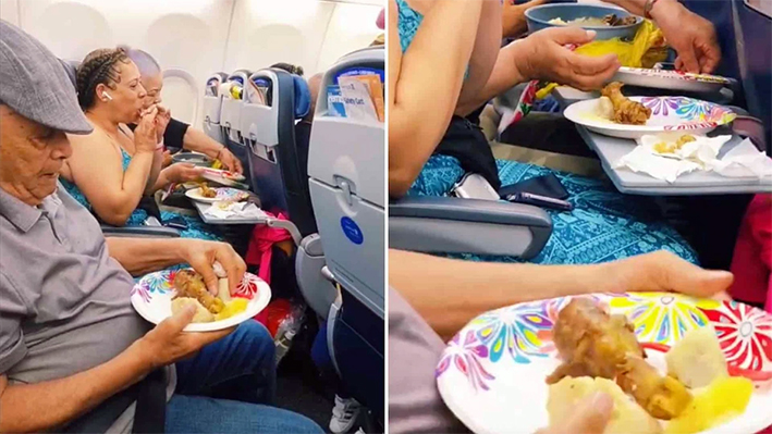 Familia sube una cazuela de pollo al avión