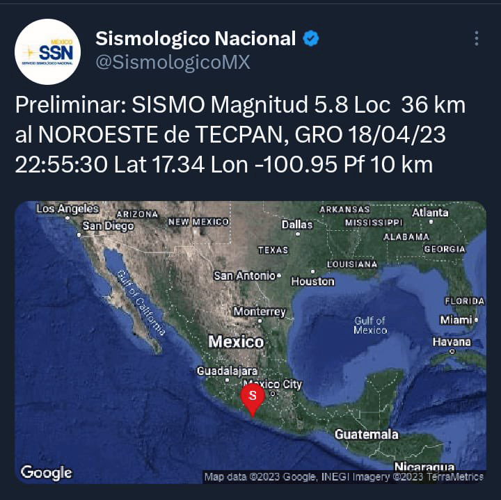 Tembló a las 22:55:30 horas del 18 de abril 2023