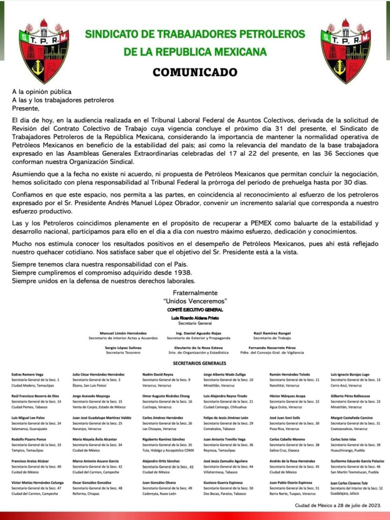 Sindicato de PEMEX proponen aplazamiento para negociaciones