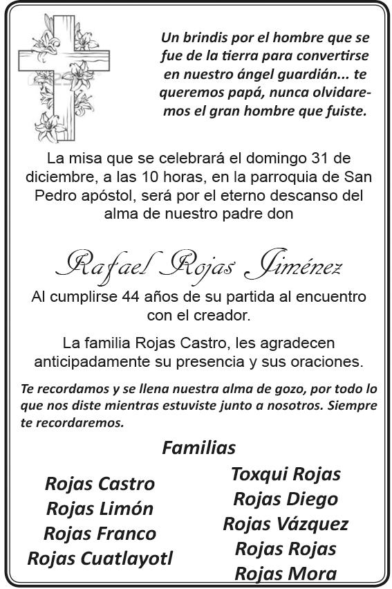 Por el eterno descanso de don Rafael Rojas Jiménez