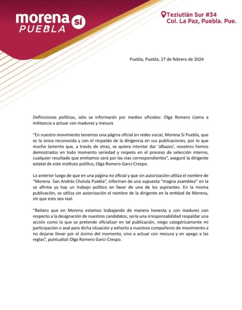 MORENA Sí Puebla, reafirma autoridad Olga Romero Garci-Crespo