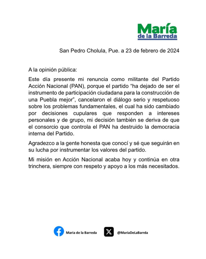Renuncia al PAN Ma. Fernanda De la Barreda Angon