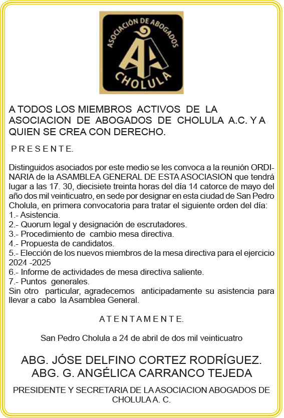 Convocan Abogados de Cholula A. C.