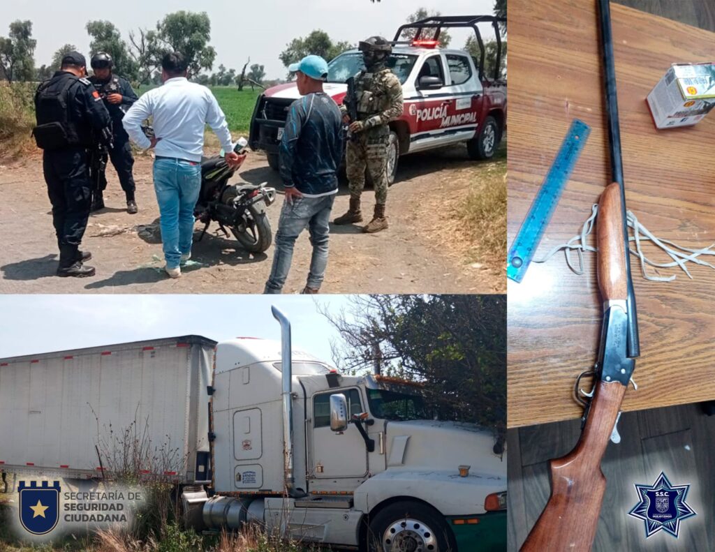 SSC DE HUEJOTZINGO RECUPERA VEHÍCULO ROBADO Y ASEGURA ARMA DE FUEGO Y TRACTOCAMIÓN EN OPERATIVOS EXITOSOS