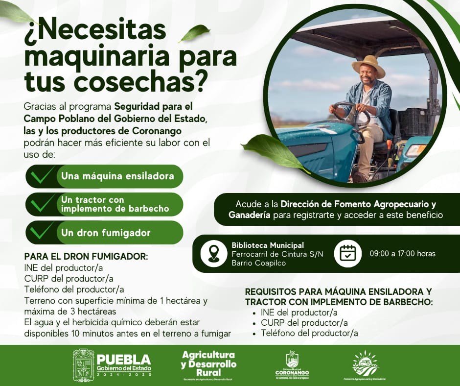 Productores de Coronango podrán acceder a maquinaria agrícola mediante el programa “Seguridad para el Campo Poblano”