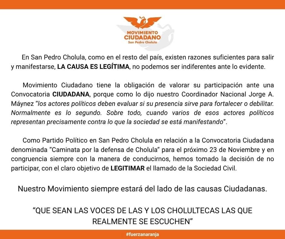 Movimiento Ciudadano de San Pedro Cholula decide no participar en la “Caminata por la Defensa de Cholula”