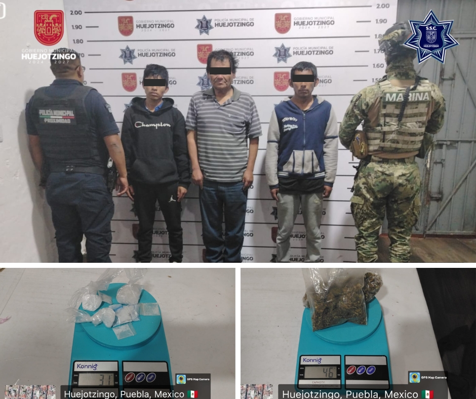POLICÍA DE HUEJOTZINGO DETIENE A CINCO Y ASEGURA DROGA, UN ARMA DE FUEGO Y RECUPERA VEHÍCULO ROBADO