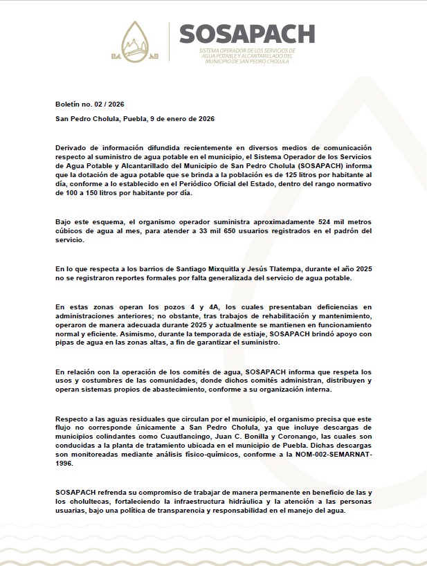 SOSAPACH aclara dotación de agua potable y reafirma compromiso con el suministro en San Pedro Cholula