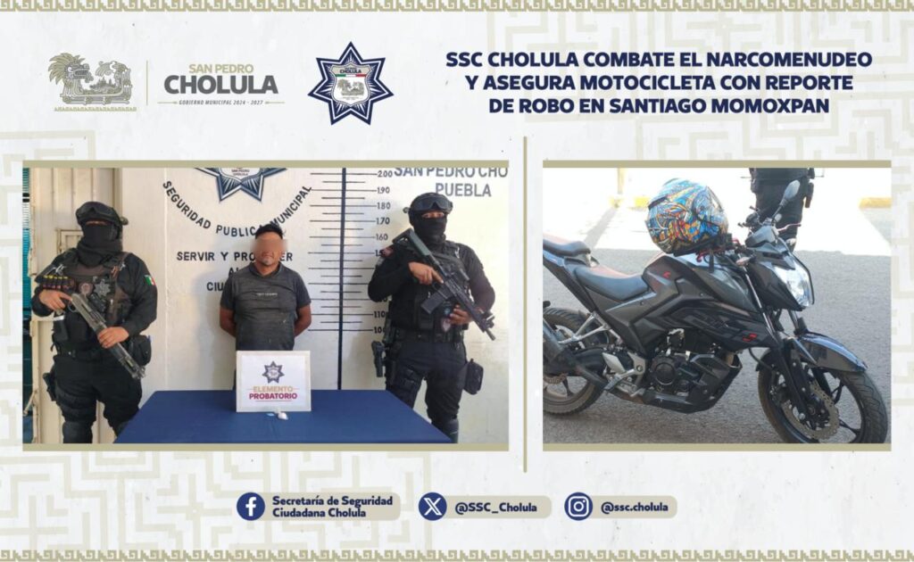SSC Cholula combate el narcomenudeo y asegura motocicleta con reporte de robo en Santiago Momoxpan