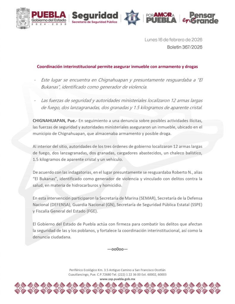 Coordinación interinstitucional permite asegurar inmueble con armamento y drogas