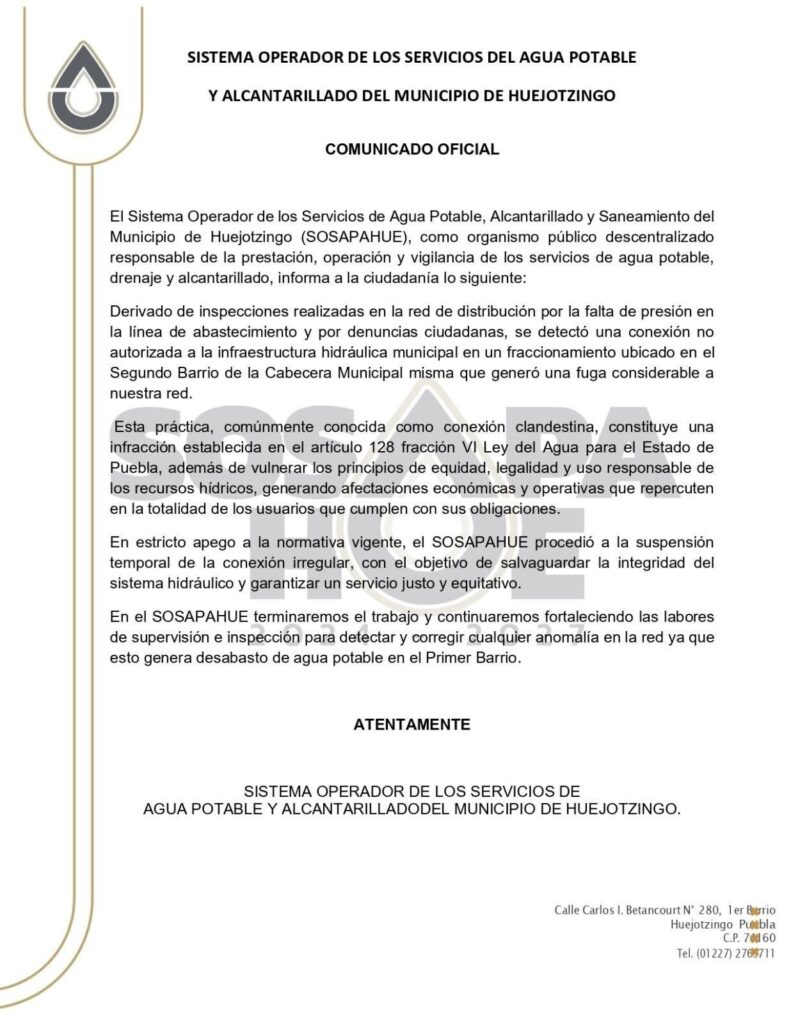 SOSAPAHUE detecta toma clandestina que afectó el suministro de agua en Huejotzingo