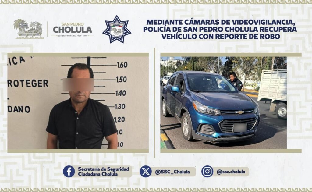 Mediante cámaras de videovigilancia, policía de San Pedro Cholula recupera vehículo con reporte de robo