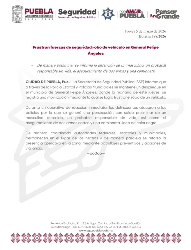 Frustran fuerzas de seguridad robo de vehículo en General Felipe Ángeles