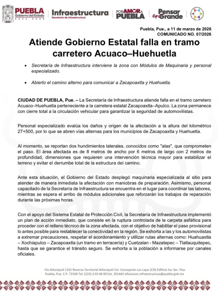 Atiende Gobierno Estatal falla en carretera Acuaco – Huehuetla