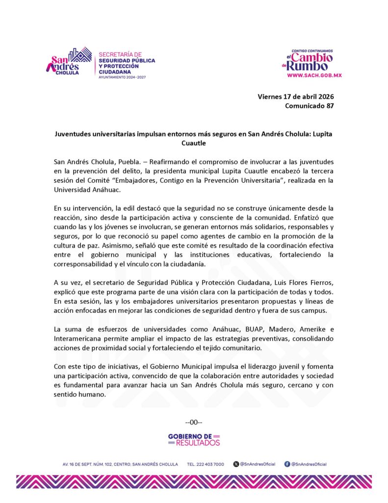 Juventudes universitarias impulsan entornos más seguros en San Andrés Cholula