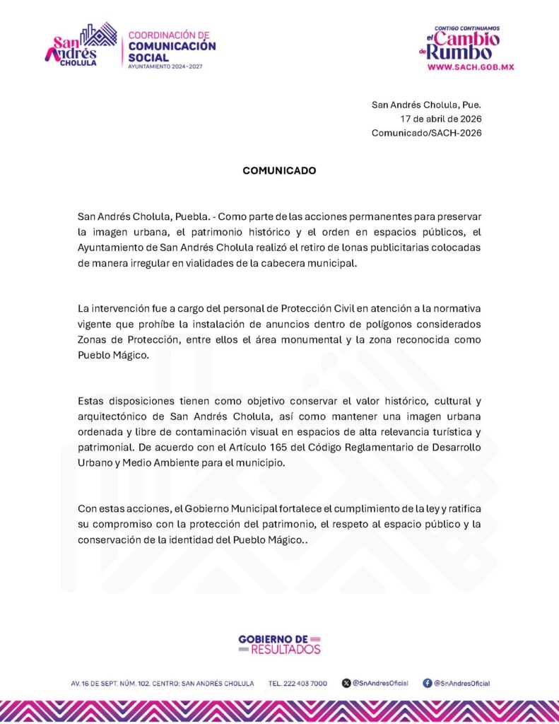 Retira Ayuntamiento de San Andrés Cholula lonas irregulares en zona protegida