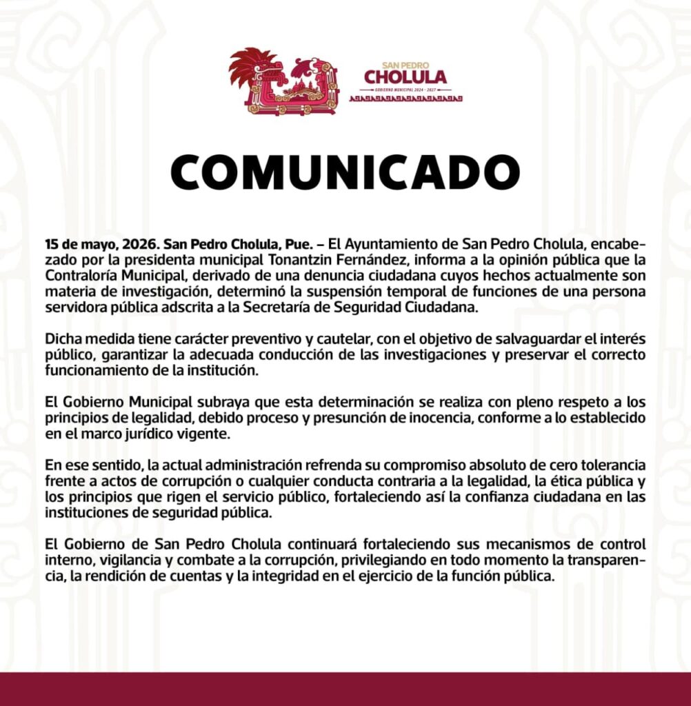 Suspende Ayuntamiento de San Pedro Cholula a servidor público por investigación en curso