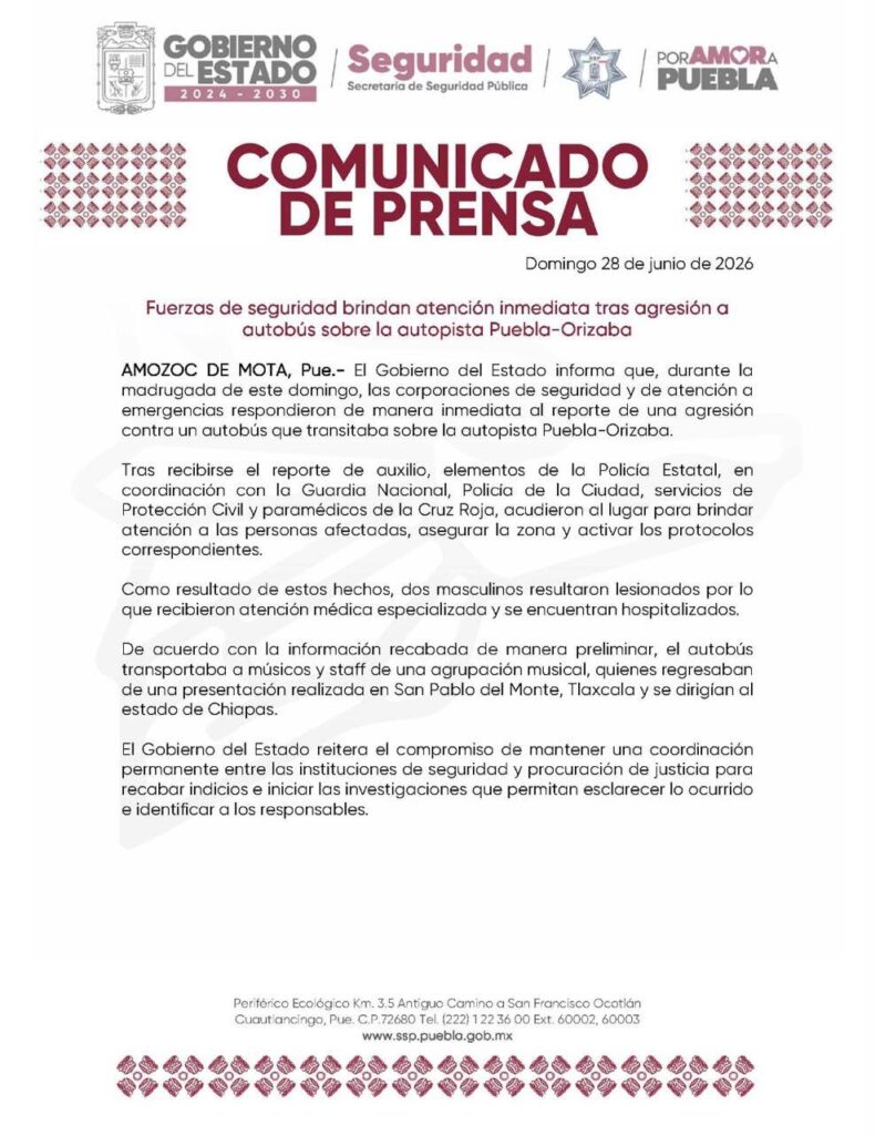 Fuerzas de seguridad brindan atención inmediata tras agresión a autobús sobre la autopista Puebla-Orizaba