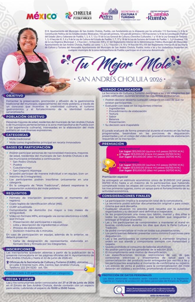 Tradición, sabor y premios: Ayuntamiento de San Andrés Cholula invita a participar en el concurso “Tu Mejor Mole»