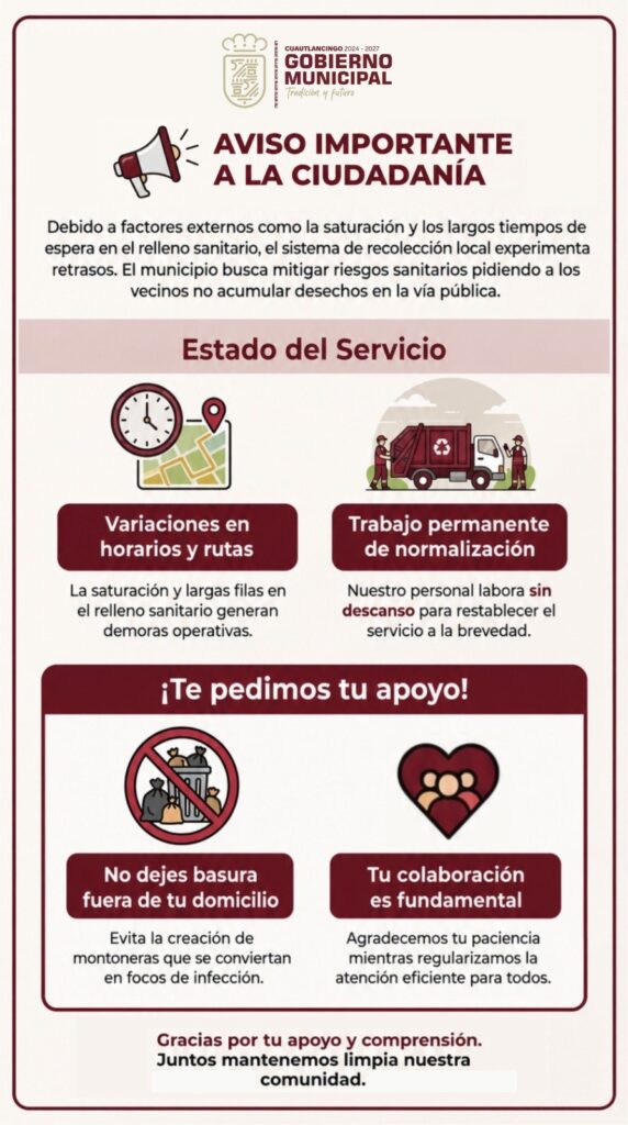 Gobierno Municipal de Cuautlancingo informa sobre el servicio de recolección de basura