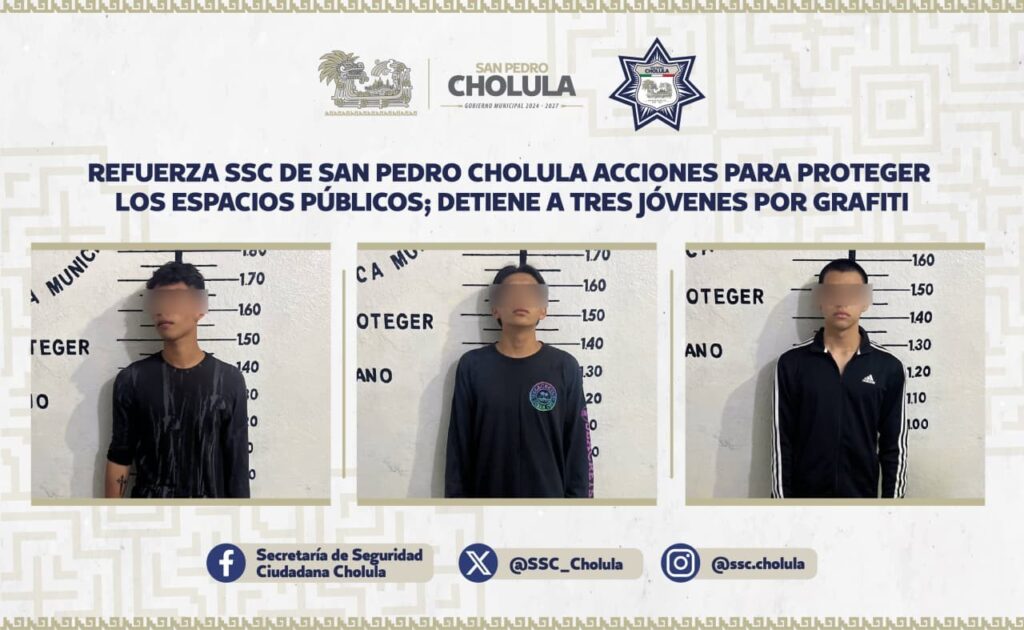 Refuerza SSC de San Pedro Cholula acciones para proteger los espacios públicos; detiene a tres jóvenes por grafiti