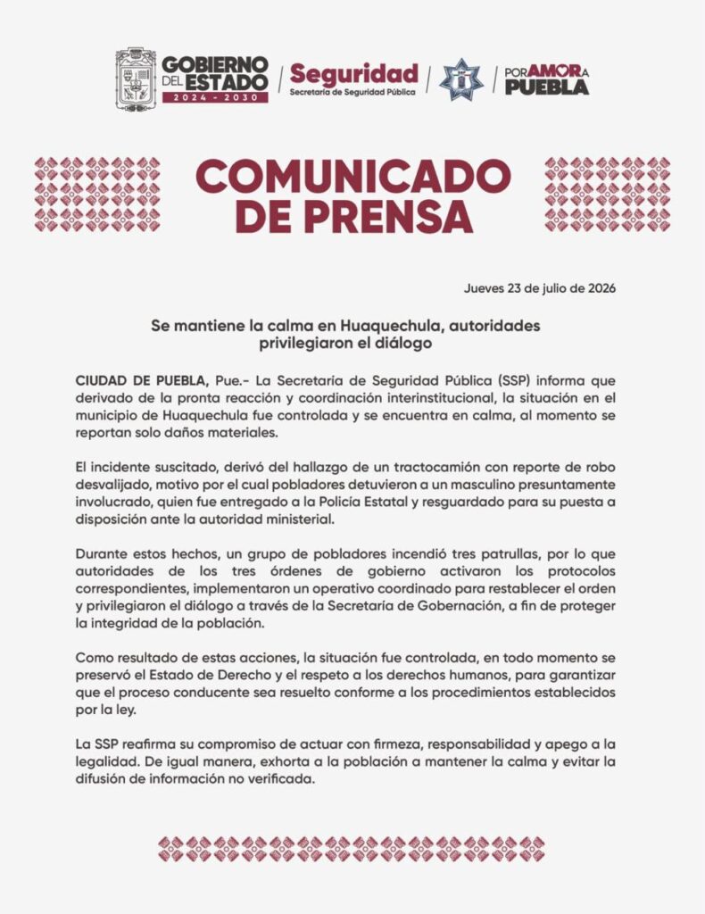 Se mantiene la calma en Huaquechula, autoridades privilegiaron el diálogo