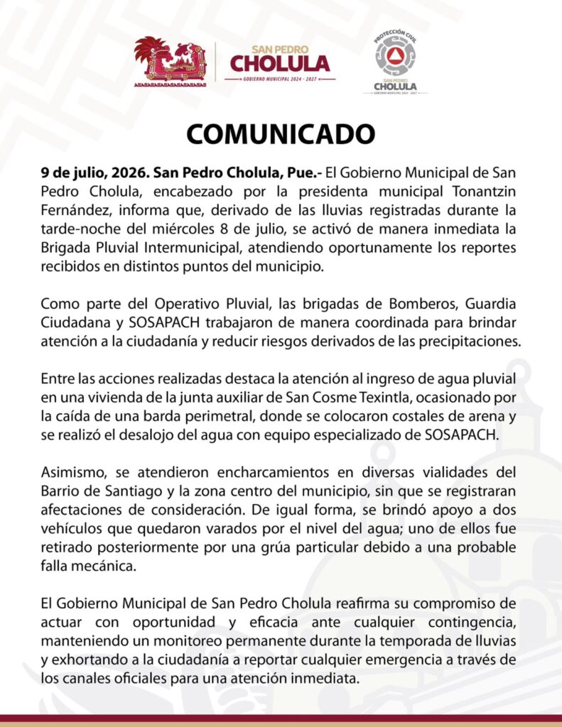 Brigada Pluvial Intermunicipal atiende oportunamente afectaciones por lluvias en San Pedro Cholula