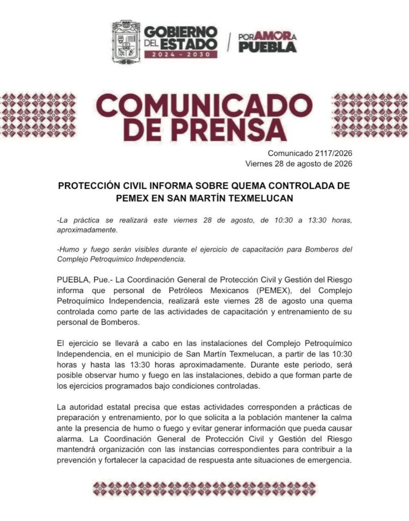 PROTECCIÓN CIVIL INFORMA SOBRE QUEMA CONTROLADA DE PEMEX EN SAN MARTÍN TEXMELUCAN