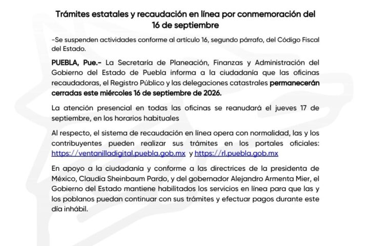 Trámites estatales y recaudación en línea por conmemoración del 16 de septiembre