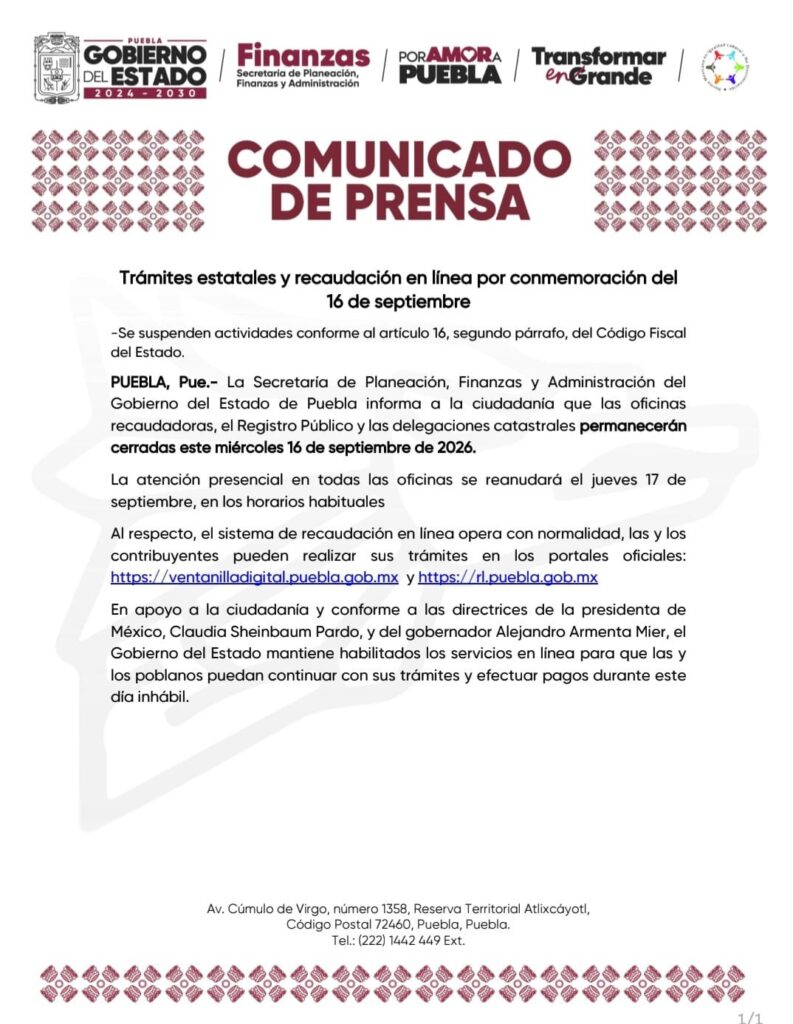 Trámites estatales y recaudación en línea por conmemoración del 16 de septiembre