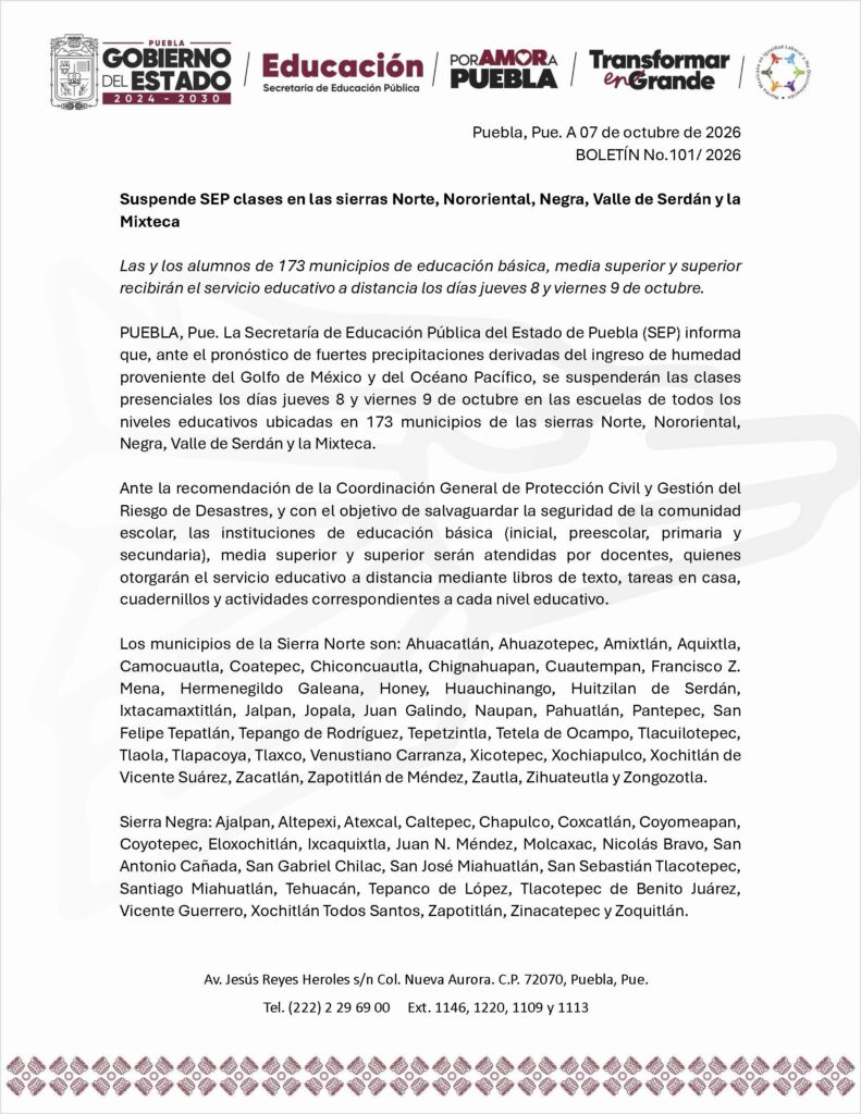 Suspende SEP clases en las sierras Norte, Nororiental, Negra, Valle de Serdán y la Mixteca