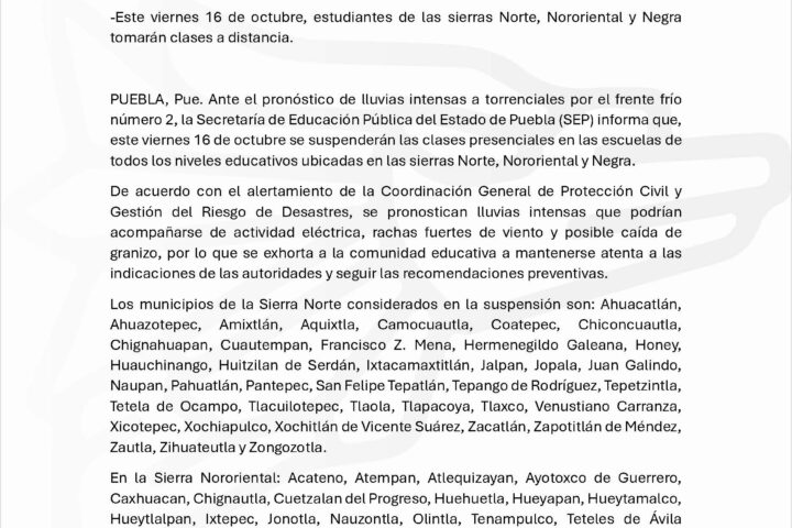 Suspende SEP clases presenciales en tres regiones de Puebla por frente frío