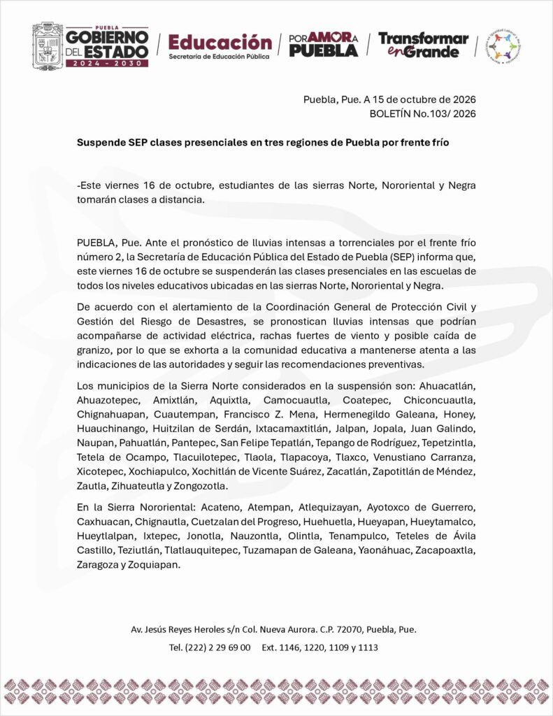 Suspende SEP clases presenciales en tres regiones de Puebla por frente frío